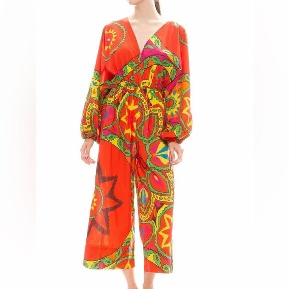 Rhode Resort Blake Printed Jumpsuit Dress Wide Leg Playsuit Red Cotton S - Picture 4 of 6